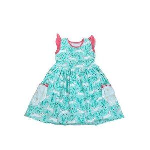 Girls Unicorn Print Ruffle-Sleeve Dress By Fleur Lenfant 8Y Cotton/Spandex Teal